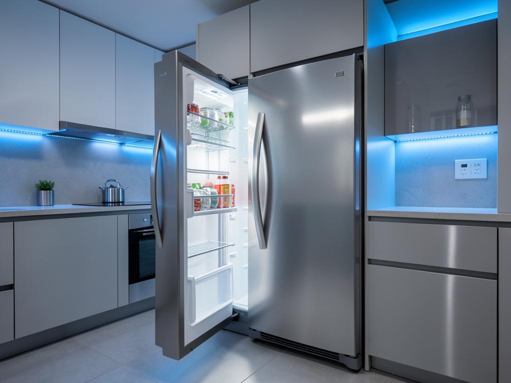 Nevera moderna de acero inoxidable en una cocina contemporánea