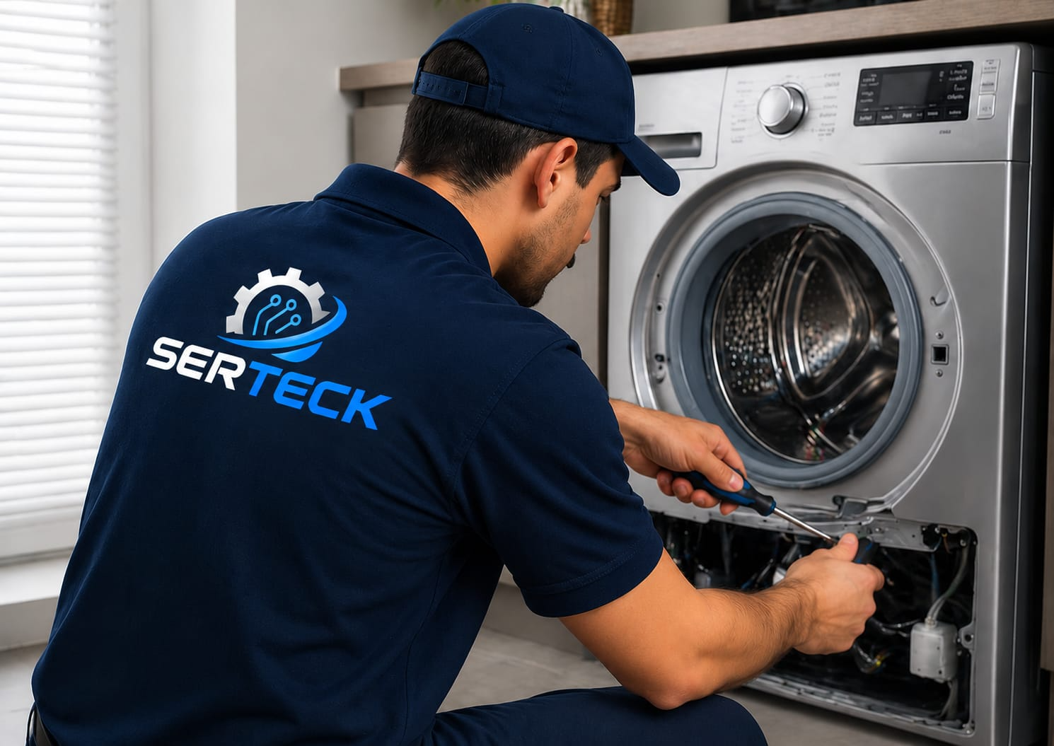 Técnico de SERTECK reparando una lavadora en el cuarto de ropas de una vivienda