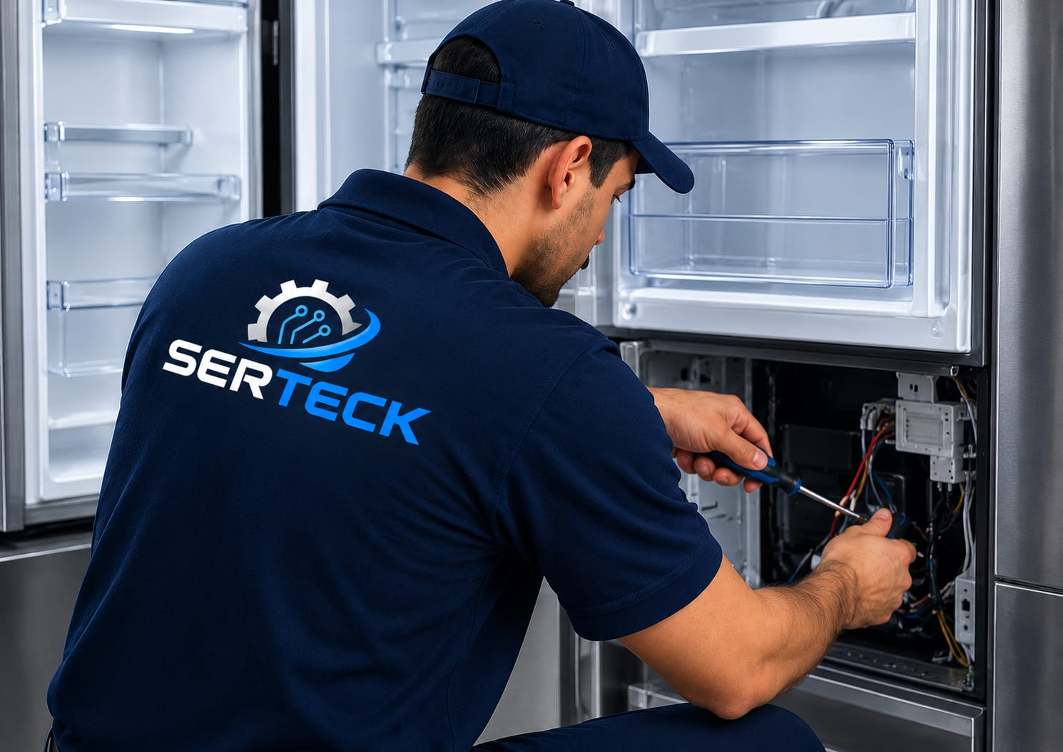 Técnico de SERTECK revisando una nevera en un domicilio de Medellín